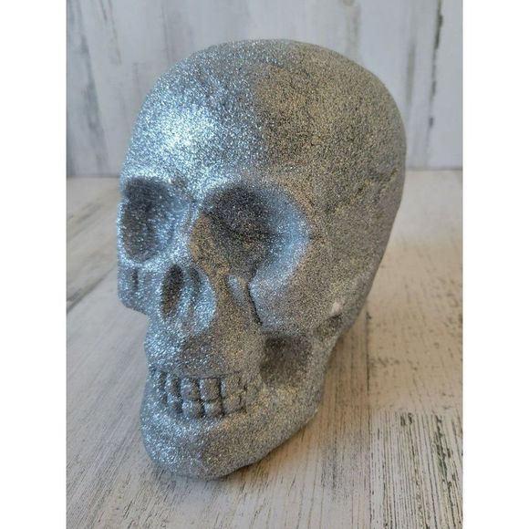 Glitter skull Halloween silver shabby chic home decor skeleton prop - Picture 5 of 7